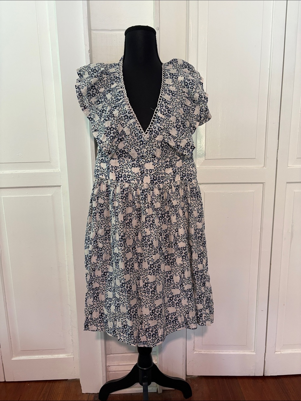 Anthropologie Blue and White Floral-Print Ruffle Mini Dress